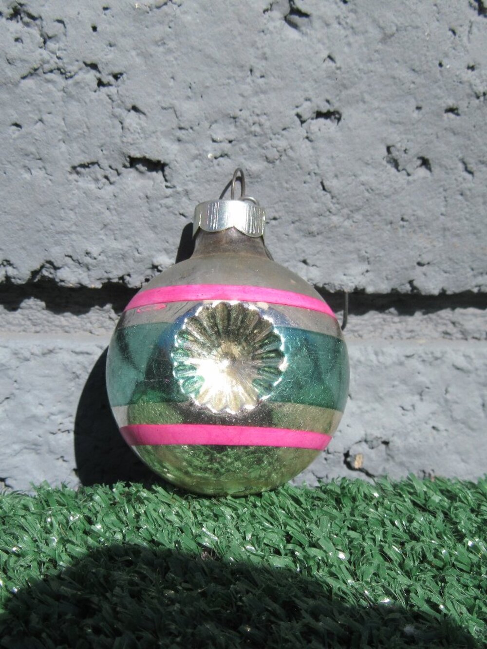 Vintage Mercury Glass Pink Green Striped Indent 2" Christmas Ornament